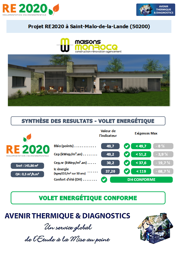 RE2020 - Avenir Thermique - 50200 Saint-Malo-de-la-Lande Manche - Maisons MONROCQ Etude thermique RE2020 + ACV à Saint-Malo-de-la-Lande 50200