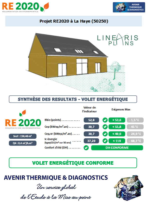 RE2020 - Avenir Thermique - 50250 La Haye Manche - LINEARIS PLANS Etude thermique RE2020 + ACV à La Haye 50250