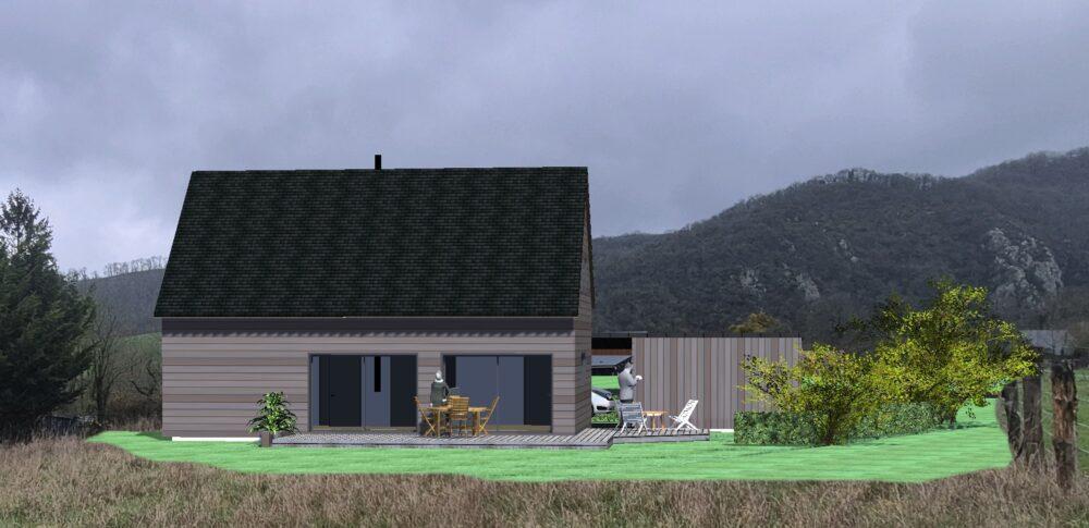Vue 3D de une maison individuelle neuve à Clécy (14570) étudié selon la RE2020