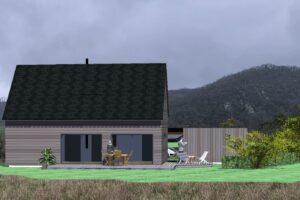 Vue 3D de une maison individuelle neuve à Clécy (14570) étudié selon la RE2020