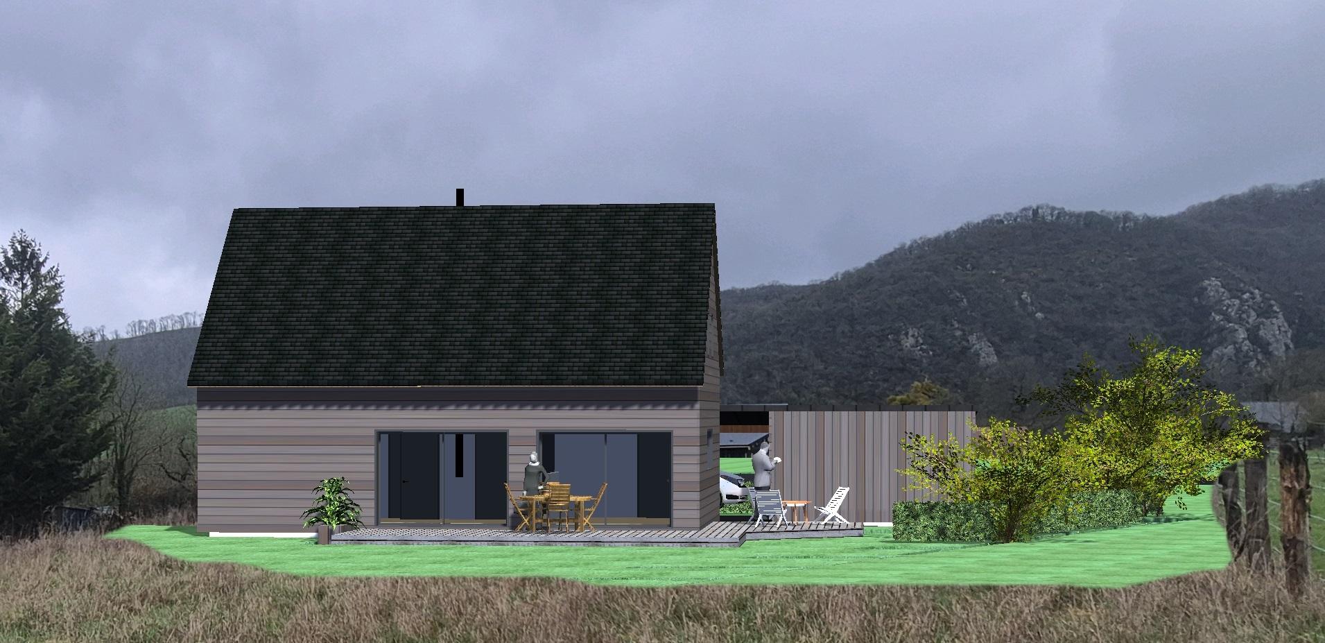 Vue 3D de une maison individuelle neuve à Clécy (14570) étudié selon la RE2020